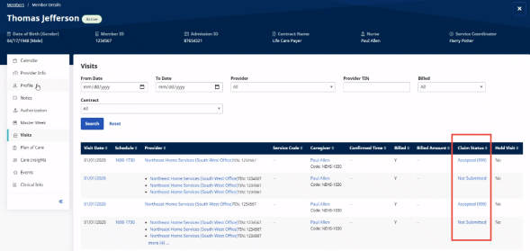 Partial image of Member Visits Page with Claim Status column highlighted at right